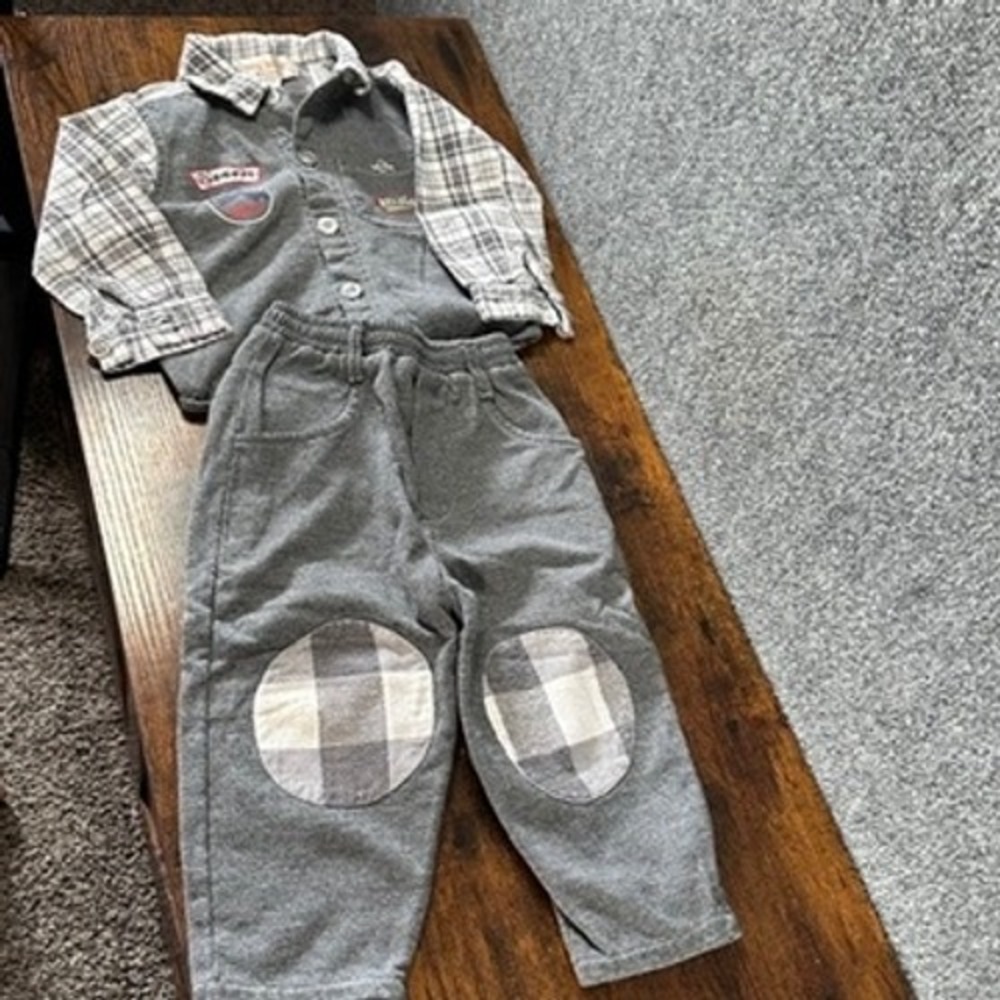 Baby Beluga 2T Toddler Boys 2PC‎ Set Grey Plaid Flannel Fleece Outdoor Camping